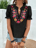 Flower Embroidered Lotus Leaf-Side Shirt Women V-Necked Coated