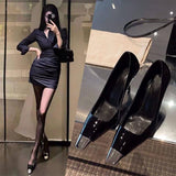 2025 New Black High-Heeled Women's Fine Heel Non-Slip Square Head With Metal Black Patent Leather Women's Single