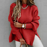 Autumn And Winter Half-High Collar Loose Solid Color Long-Sleeved Thick Needle Side Fork Knitting Sweater