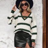 And Winter New Sweater Woman Loose Knitting Colliding Color V Collar Lantern