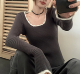 Contrast Color Trim Slim Long Sleeve Knit TopOutfit