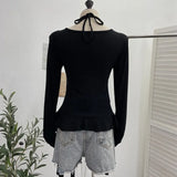 Tidal Irregular Hanging Neck Tie With Hollow Spliced Niche Pads On The Shoulder With Long-Sleeved T-Shirt