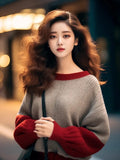And Winter New Hong Kong Style Chic Top Female Design Color Collar Knitted Shirt Age Reduction Lantern Sleeve Long-Sleeved