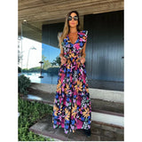 New Ruffle Sleeveless Printed Skirt Ladies V Neck Elegant Long Dress Waist Slimming Temperament