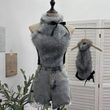 Bow Decorative Hair Splicing Elastic Hanging Neck Vest Outside Wearing Hairy Short Grinding Coat
