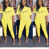 Summer Stretch Casual Suit Solid Color Ladies 2 Two-Piece Sets Letter Sportswear Short Sleeve T-Shirt + Long Pants