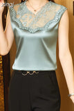 Blouse Women Fashion Womens Tops and Blouses Silk Shirts for Women V-neck Lace Elegant Tank Tops Sleeveless Woman