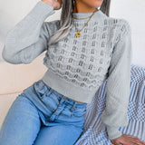 And Winter Street Wind Solid Color Hollow Striped Lantern Sleeve Open Umbilly Knitted Sweater Women's