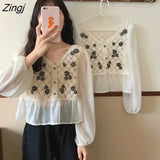 Women Fairy Chiffon Patchwork Floral-knitting Elegant Ulzzang Fresh White Thin V-neck Sweet Mujer Blusas Casual Girls