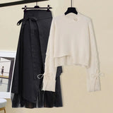 Women Winter Patchwork Long Sleeve Knitted Tops + Asymmetric Skirt 2 Piece Suit Female Party Elegant Two Piece Set 211-1-Outfit