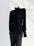 Zingj Designer Early Spring Bottom Shirt Advanced Golden Velvet High Collar Pleated Long Sleeve With Bubble Sleeve