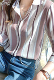 Woman Blouses 2023 Striped Shirts Long Sleeve Womens Tops Button Up Shirt Polo Neck Female Clothing Basic OL Ladies