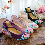 Zingj Shoes, Single Shoes, Peony Folding Fan Ancient Wind Embroidered Cloth Shoes, A Word Buckle Retro Slope Heel