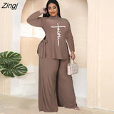 Casual Solid Women Two Piece Set Elegant Turtleneck Tops And Wide Leg Pants Outfits 2023 Fashion Long Sleeve Lady