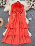 Vintage Purple/Green/Orange Long Dress Women Elegant Stand Collar Flare Sleeve High Waist A-Line Slim Tie Flower
