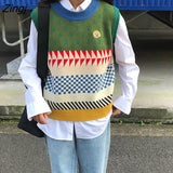 Vintage Sweater Loose O-neck Knit Pullover Vest Y2k Oversized Tank Top Women Kawaii Cat Waistcoat Streetwear Knitted