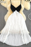 Women Spaghetti Strap Beach Long Dress Sexy V-Neck High Waist Ruffle Patchwork Pleated Maxi Robe Female Vacation 2023