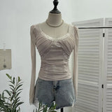 Wind Belt Chest Mat Lace Splicing Mesh Yarn Long-Sleeved T-Shirt Short Slim Top