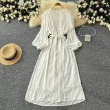 And Autumn New French Retro Hollow Hook Lace Spliced Lantern Sleeve Dress Strapped Waist Temperament