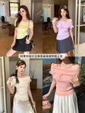 Xixi 2025 Summer New Korean Version Of The Flower Temperament Word-Collar Ice Silk Knitted Women's Top