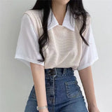 Zingj Summer Polo Lapel Fake Two College Wind Contrast Color Short-Sleeved T-Shirt Women's Loose Casual Versatile Top