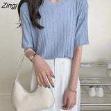 Women T-shirts Summer Knitted Slim Sweet All-match Candy Colors Fashion Korean Style Folds Simple Solid Comfort Leisure