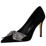 Shoes Bowknot Woman Pumps Rhinestone Women Heels Suede Women Shoes Sexy Party Shoes High Heels Female Shoes Black
