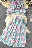 Autumn Women Draped Floral Two Piece Set Vintage Flower Printed Ruffle Blouse + High Waist Pleated Skirt 2Pcs Suits