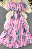 Bohemian Floral Chiffon Long Dress Women Sexy Off Shoulder Ruffle Puff Short Sleeve High Waist A-Line Big Swing