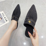 Denim Cloth Flat Bottom Baot Slippers Women Wearing Large-Size Pointed Mule Half-Dragging Single Shoes