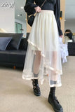 Elegant Mesh Patchwork Women Tulle Skirt Fashion Korean A Line Cake Skirt Female Sweet Preppy Style Irregular Midi