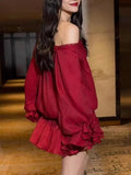 Temperament Beauty Dress 2025 Autumn And Winter New One-Word Shoulder Strap Splicing Lotus Leaf Side Flower Dress Dress