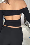 Women Slash Neck Off Shoulder T-shirts Crop Tops Long Sleeve Solid Backless Cutout Slim Fit Base T-Shirts