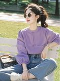 Chinese Style Buckle Round-Neck Shirt For Women In Spring 2025 New Ocean Design Purple Long-Sleeved