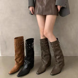 Trouser Boots Women Design Double Buckle With Sharp Head Thick Heel Retro High-Heeled Boots Hot Girl High Boots Tide Women's