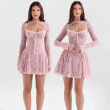 Zingj 2024 New Fashion Sexy Lace Pink Vest Horn Sleeve Halter Skirt Suit