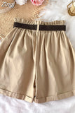 Summer Elegant High Waist Shorts Women Casual Solid Wide Leg Loose Cotton Short Pants With Belt Korean Sweet