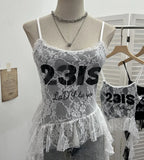 Shooting Lace Sling Vest Irregular Ribbon Hot Wear Print Short-Sleeved Top