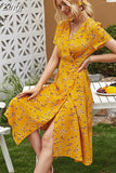 Women Summer V Neck Casual Beach Dress 2023 Elegant A Line Floral Print Midi Short Sleeve Split Party Holiday Dress Robe