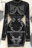 Autumn Women Gold/Silver Rivet Bodycon Party Dress Vintage Stand Collar Long Sleeve Sheath Slim Black Vestidos