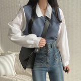 Polo Collar Patchwork Long Sleeve BlouseOutfit