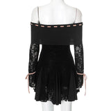 Black Off-Shoulder Lace Sleeve Mini Dress- Outfit