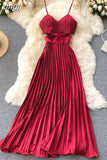 Sexy Spaghetti Strap Dress Women Elegant Hollow Out High Waist Pleated Vestidos Female Party Robe New