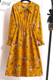 Women Shirt Dress Casual Spring Autumn Vintage Floral Print Bow Long Sleeve Elegant Office A-line Midi Dress