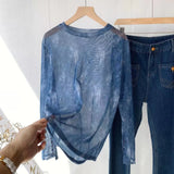Zingj Shot Giant Beautiful Denim Blue Mesh Undershirt Women's Cuff Button Slit Thin Long-Sleeved T-Shirt Top
