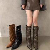 Trouser Boots Women Design Double Buckle With Sharp Head Thick Heel Retro High-Heeled Boots Hot Girl High Boots Tide Women's