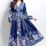Court Retro Cross V Tie With Belt Lantern Sleeve Print Big Pendted Dress Woman 2025