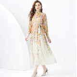 Dress Women's Straight-Necked Long-Sleeved Senior Sense Belted Long Skirt Small French Chiffon Fairy