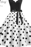 Dot Print Vintage Women Summer Dress Black Patchwork Sleeveless V neck Elegant Party Dresses Casual Robe