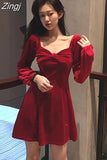 Sleeve Dress Women Square-collar Bow Elegant Backless Mini A-line Velvet-fabric Fashion Retro Womens Vestidos Chic